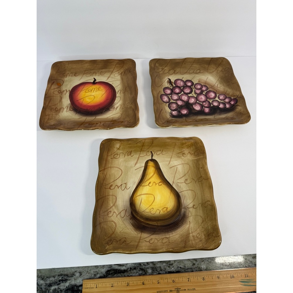 Tabletops Lifestyles Fruition Hand Painted Square Fruit Plates Set of 3 8.5in